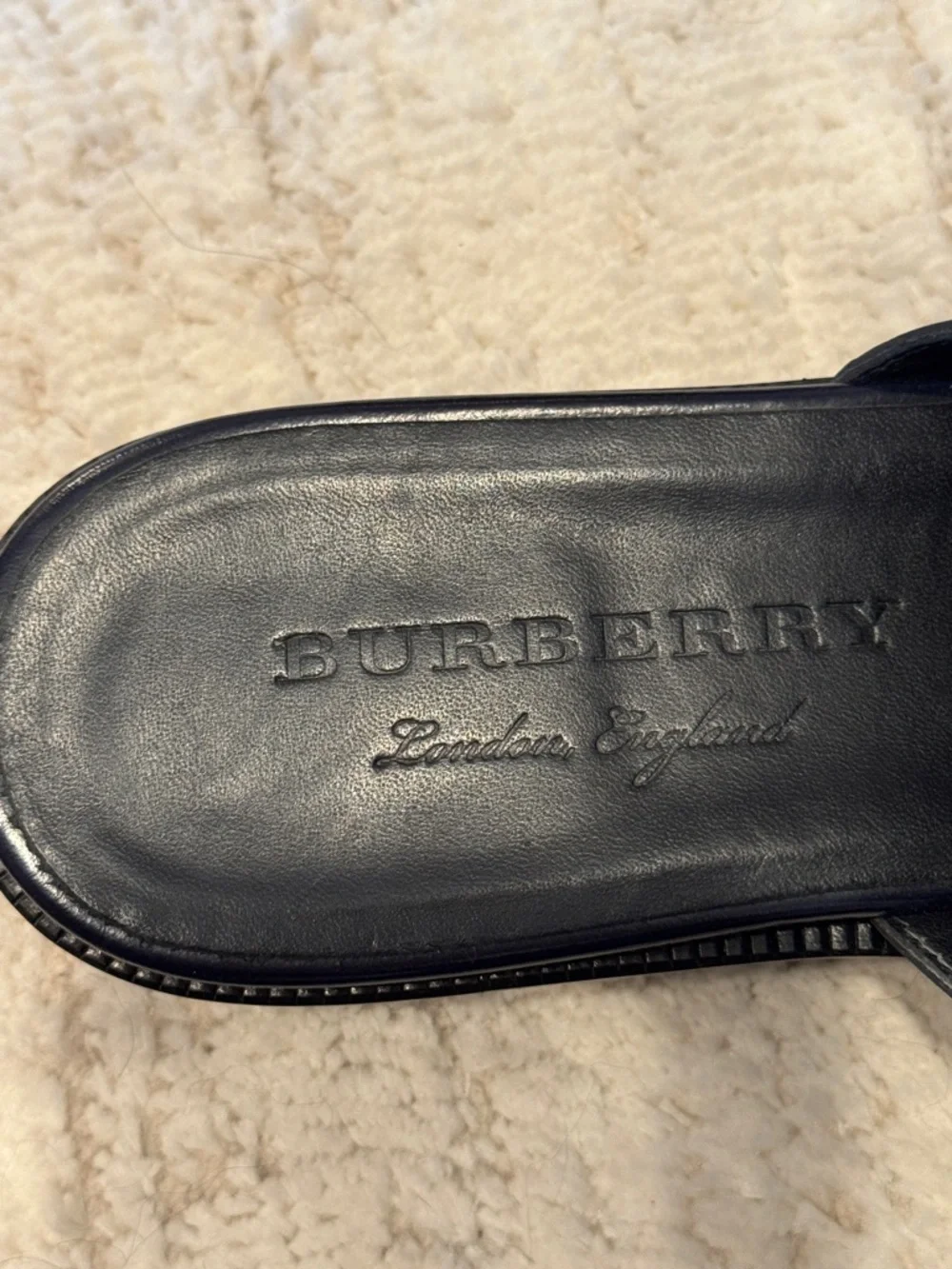 Burberry Navy Leather Slip-On Loafers with Green Fringe - Picture 2 of 6